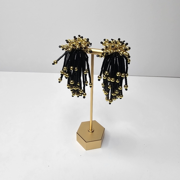 Vintage Earrings Clip On Black Sequined Fringe Tassel Gold Tone - Picture 1 of 12